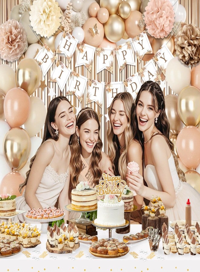 Fantspati Birthday Decorations for Women, Party Decorations for Women with Beige Cream Neutral Balloons Birthday Sash Tablecloth Happy Birthday Banner Neutral Boho Bday Decorations for Men Woman Boys Girl - Image 5